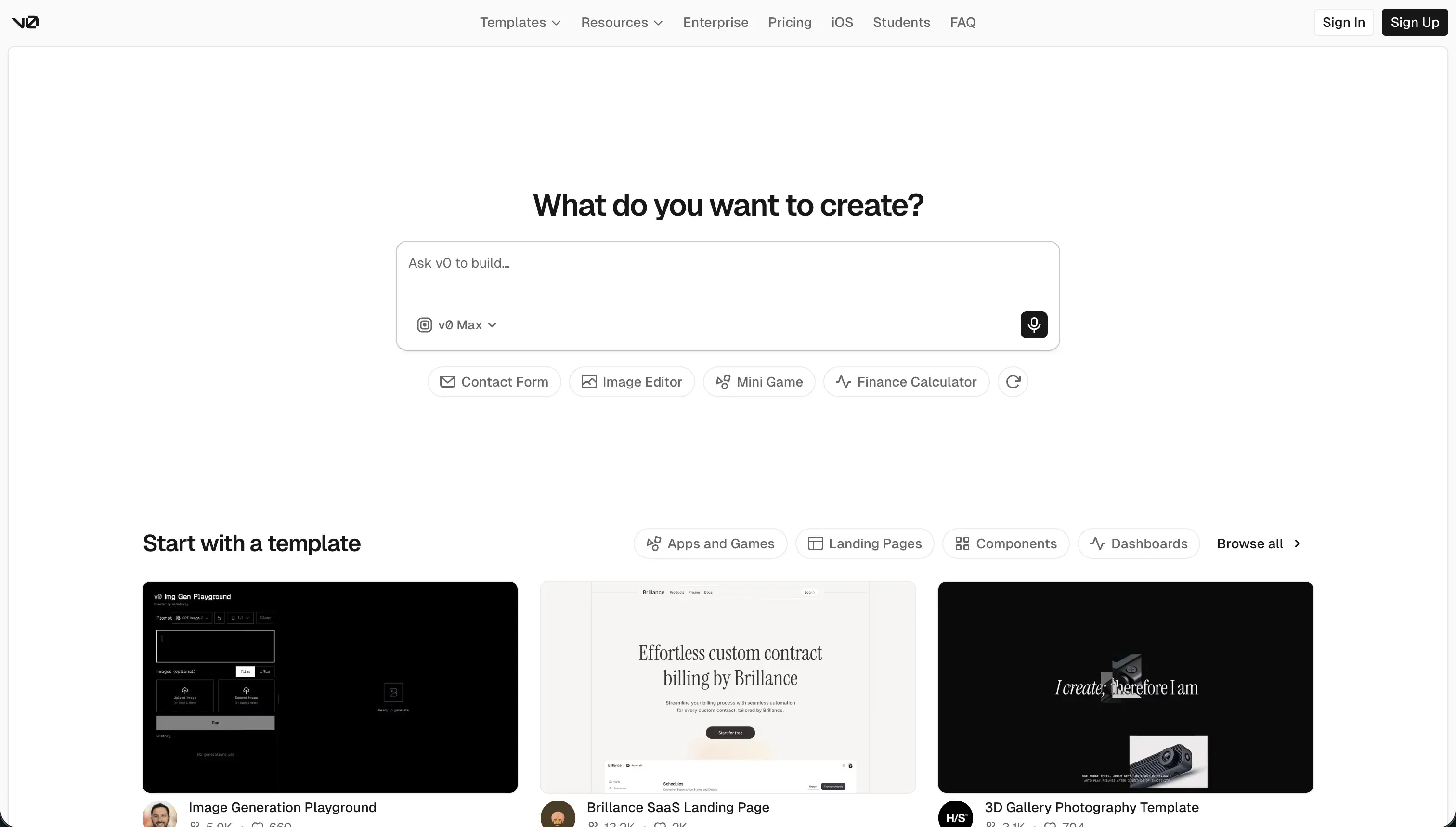 v0 homepage